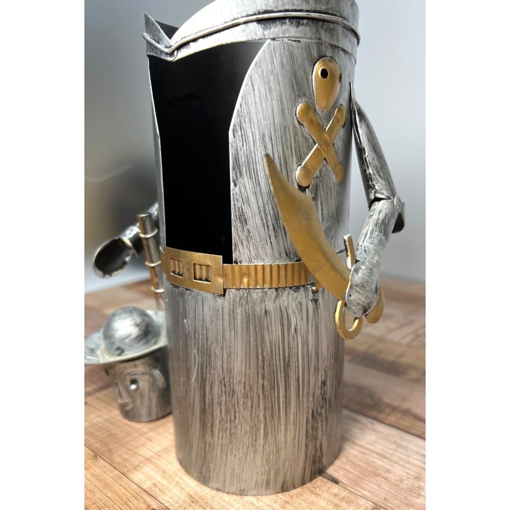 Vintage Pirate-Themed Metal Wine Bottle Holder With Lid & Chain Details - Picture 3 of 6